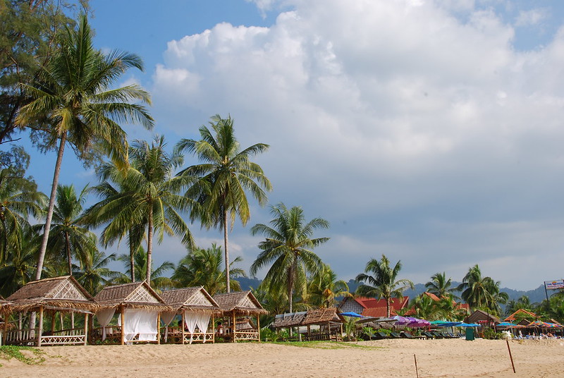 Tropikalny krajobraz plaży w Khao Lak z palmami i złocistym piaskiem.