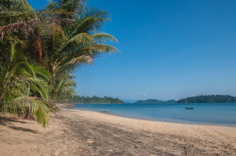 Dzika, piaszczysta plaża na Koh Chang (Ranong) otoczona palmami i turkusowym morzem.