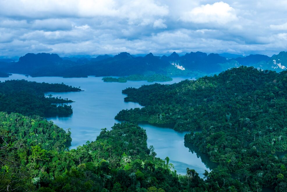 Panorama jeziora Cheow Lan widziana z punktu widokowego Kri Sorn w Khao Sok.