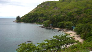 Widok na plażę Ao Sane na Phuket – niewielka zatoczka z kamienistym brzegiem i spokojnym morzem otoczona zielenią.